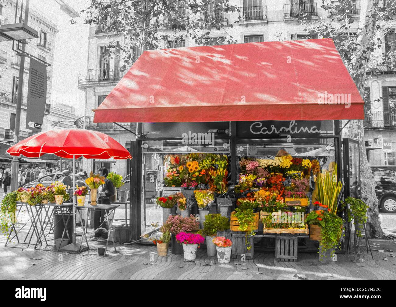 Une photo numérisée d'un fleuriste en plein air dans le centre-ville de Barcelone, Espagne. Banque D'Images