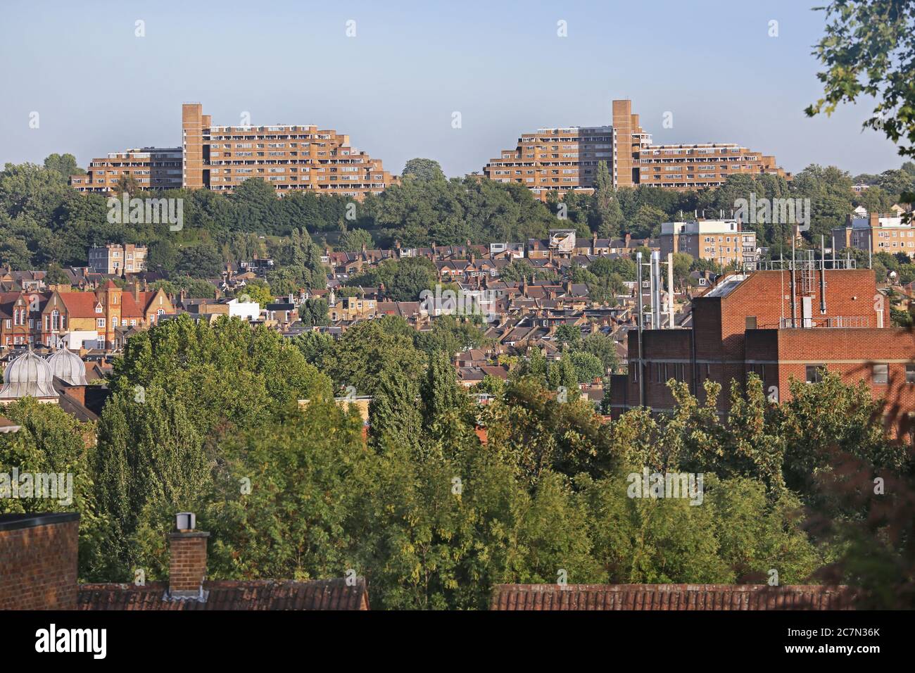 Dawson's Heights, le célèbre projet de logement public des années 1960 dans le sud de Londres, conçu par Kate Macintosh. Élévations du nord, vue depuis Denmark Hill. Banque D'Images