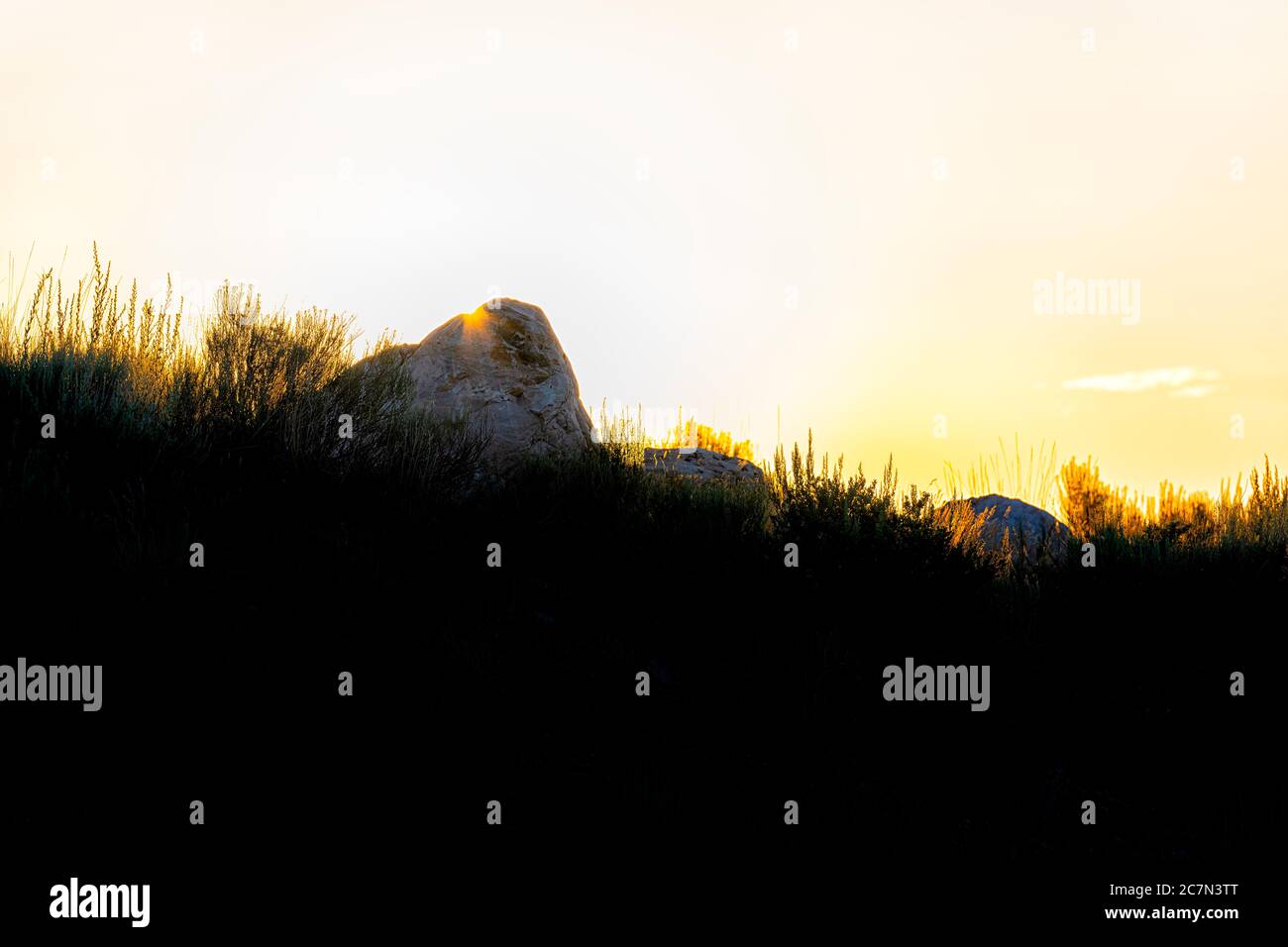 Silhouette de plantes au sommet de rochers de falaise et soleil derrière la pierre au coucher du soleil jaune orangé sur le Grand lac de sel dans le parc national d'Antelope Island avec Banque D'Images