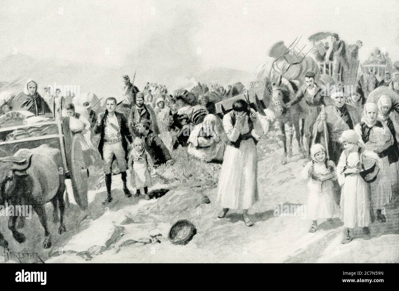 La paysannerie grecque fuyant Larissa. GRECO-Guerre turque 1897. Cette image est tirée de la guerre tardive entre la Grèce et la Turquie. Les paysans de Larissa se sentèrent en sécurité à l’arrière de l’armée grecque ; mais la soudaine retraite grecque les a exposés à la cruauté des Turcs « indicibles ». Réalisant cela, ils ont fui leurs maisons dans la précipitation sauvage, transportant ce qu'ils pouvaient de leurs biens ménagers, dans des charrettes ou sur leur dos. Nous ne pouvons que suggérer avec désinroi la hâte, la confusion, le désespoir, la souffrance des grands-noms et des babes sans traitement. C'est une image de la misère de la guerre. Banque D'Images