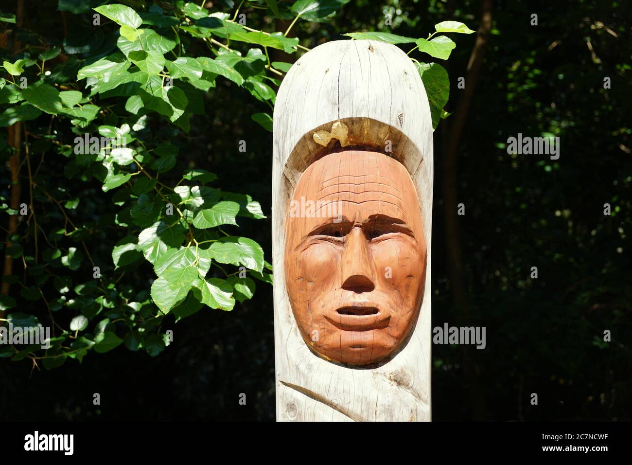 Virginia, U.S.A - 1er juillet 2020 - gros plan d'un des totems de la colonie de Jamestown au village indien de Powhatan Banque D'Images