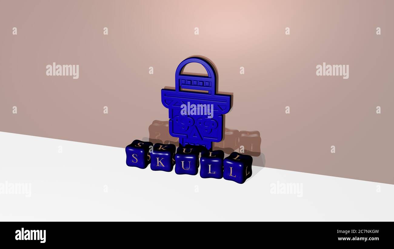 Représentation 3D du crâne avec icône sur le mur et texte disposé par des lettres métalliques cubes sur un fond miroir pour la signification du concept et la présentation du diaporama. Illustration et arrière-plan Banque D'Images