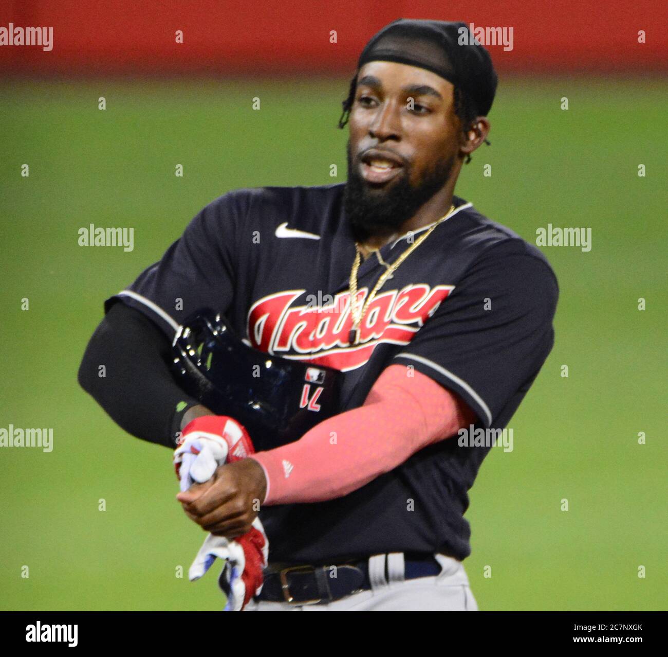 Pittsburgh, États-Unis. 19 juillet 2020. Cleveland Indians Daniel Johnson (71) après avoir frappé un double dans le neuvième rempart de la victoire de 5-3 contre les Pittsburgh Pirates le samedi 18 juillet 2020 au PNC Park à Pittsburgh. Photo par Archie Carpenter/UPI crédit: UPI/Alay Live News Banque D'Images