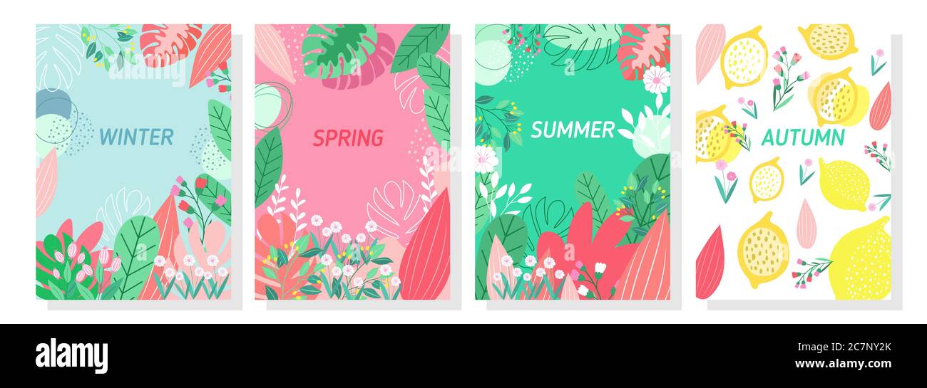 4 décor nature fond, formes abstraites fruits, feuilles, formes géométriques et féminins, Collection art abstrait, bannière, affiche, imprimé. Illustration de Vecteur