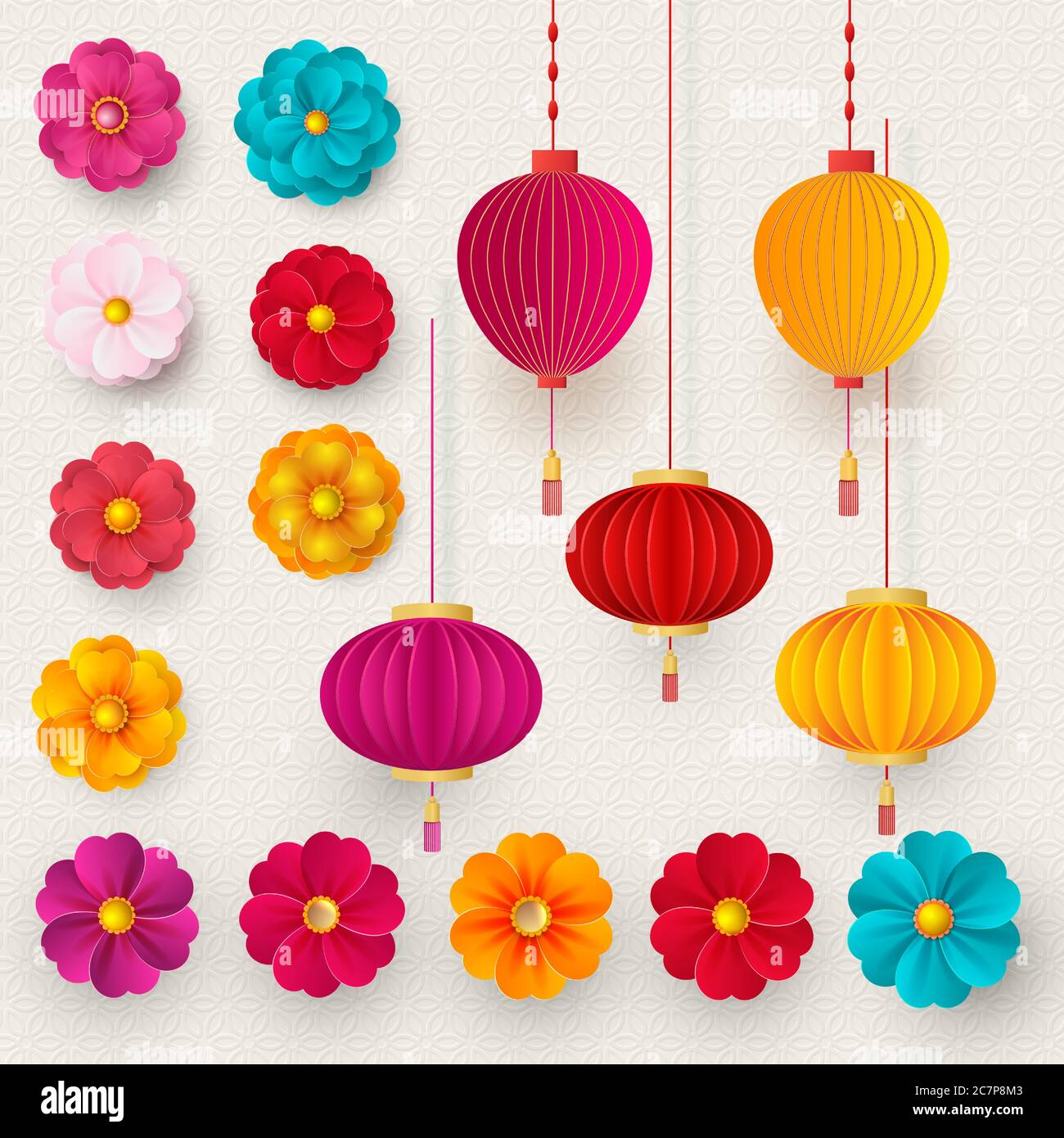 Badges, nuages et fleurs sakura en relief chinois vectoriel. Fleurs et lanternes lumineuses. Style de papier. Bonne année 2021 Vector Illustration de Vecteur