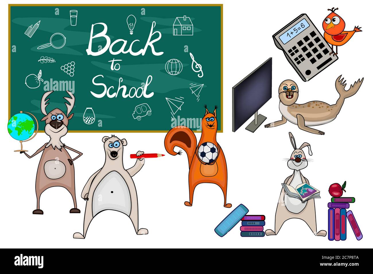 Ensemble pour la rentrée. Animaux et tableau noir avec éléments scolaires isolés sur fond blanc. Thème de l'éducation. Personnages de dessin animé. Illustration vectorielle Illustration de Vecteur
