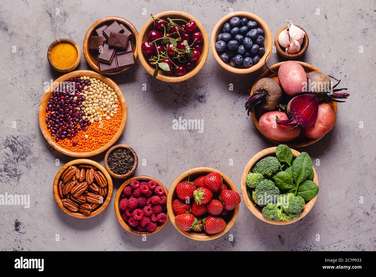 Aliments sains riches en antioxydants, vue du dessus. Banque D'Images