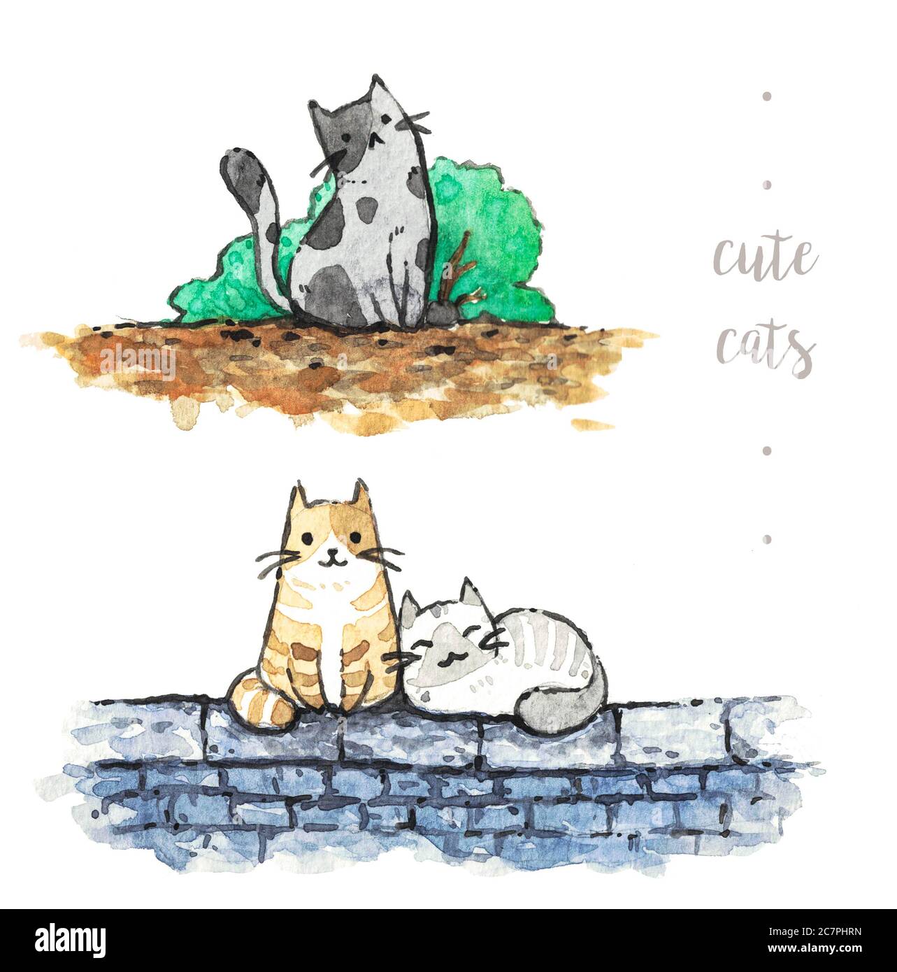 chats mignons sur fond blanc. aquarelle peinture de la main illustration. Banque D'Images