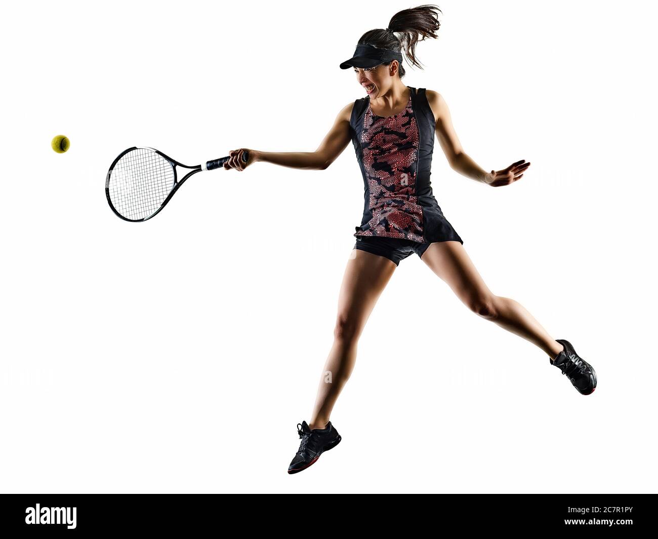 une jeune femme asiatique de tennis isolée en studio sur le saumâtre blanc Banque D'Images