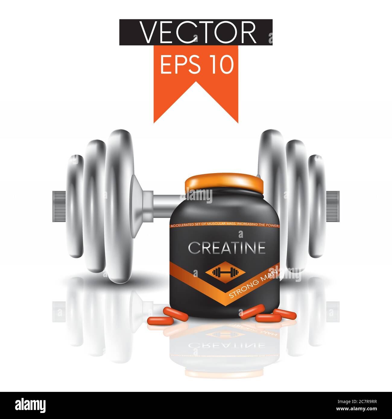 Haltères, capsules et un pot avec créatine, protéine. Illustration vectorielle. Sports et nutrition sportive. Illustration de Vecteur