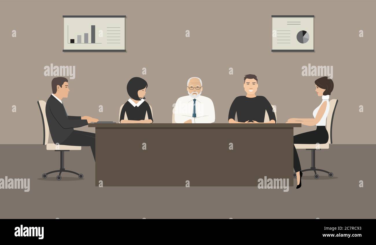 Employés de bureau pendant la réunion. Les employés sont assis à la table du bureau. Salle de conférence. Illustration vectorielle Illustration de Vecteur