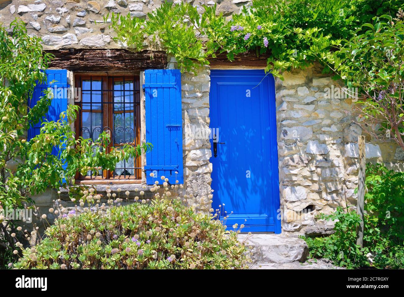 France, Provence. Maison typique ancienne, fenêtre ouverte avec les volets  bleus et porte bleue entourée d'une plante verte Photo Stock - Alamy