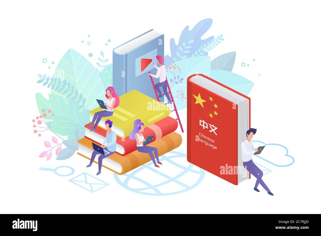 Cours de langue en ligne illustration vectorielle plate. Cours de chinois mandarin Internet, e learning clipart isolé sur fond blanc. Enseignement à distance, enseignement à distance, cours universitaires en Chine Illustration de Vecteur