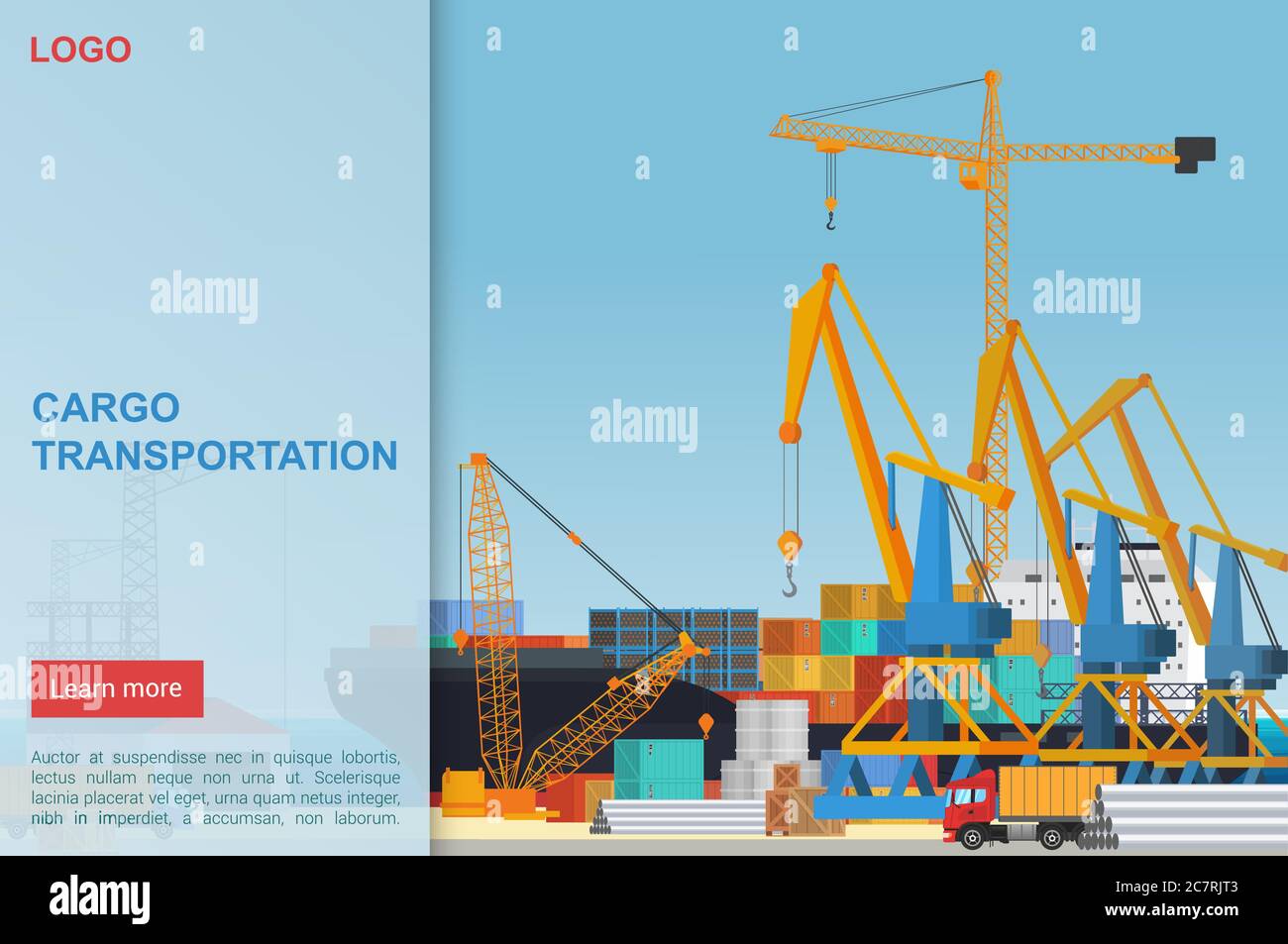 Modèle de page d'arrivée à vecteur plat pour le transport de fret. Grues de quai de port chargeant des conteneurs avec des marchandises. Société logistique livrant la marchandise au navire d'échange. Camion avec caisses lourdes dans le port maritime. Illustration de Vecteur