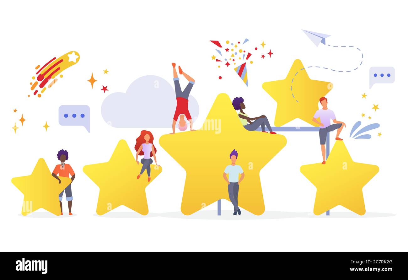 Personnes avec des étoiles dorées illustration vectorielle plate. Utilisateurs évaluant les performances de l'application. Les clients qui donnent des commentaires sur des personnages de dessins animés. Mesure de la satisfaction des consommateurs à l'égard du système de notation Illustration de Vecteur