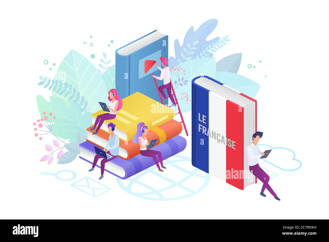 Cours de langue en ligne illustration vectorielle plate. Cours de français sur Internet, e learning clipart isolé sur fond blanc. Enseignement à distance, enseignement à distance, cours universitaires en France Illustration de Vecteur