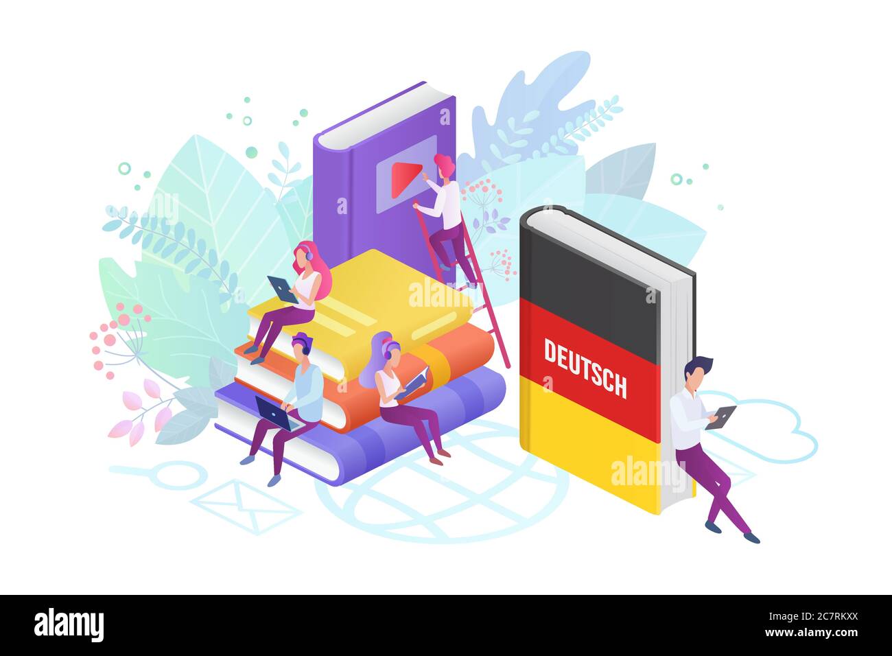 Cours de langue en ligne illustration vectorielle plate. Classe Internet de langue allemande, e learning clipart isolé sur fond blanc. Enseignement à distance, enseignement à distance en allemagne, cours universitaires Illustration de Vecteur