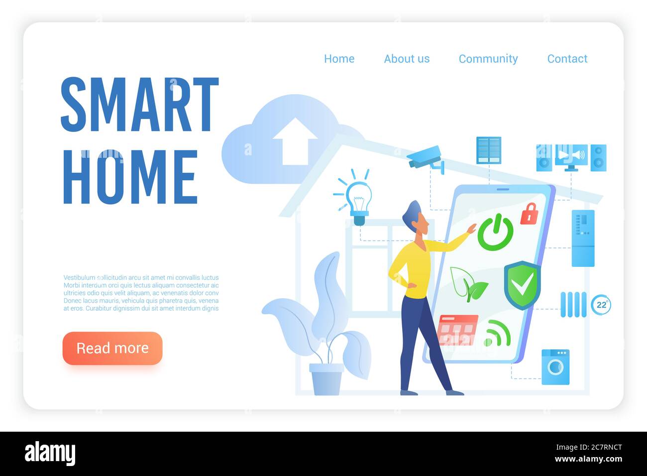 Modèle de page d'accueil Smart Home à vecteur plat. Concept de page d'accueil du site Web du système de télécommande pour appareils domestiques et appareils ménagers. Bannière web futuriste sans fil de haute technologie Illustration de Vecteur