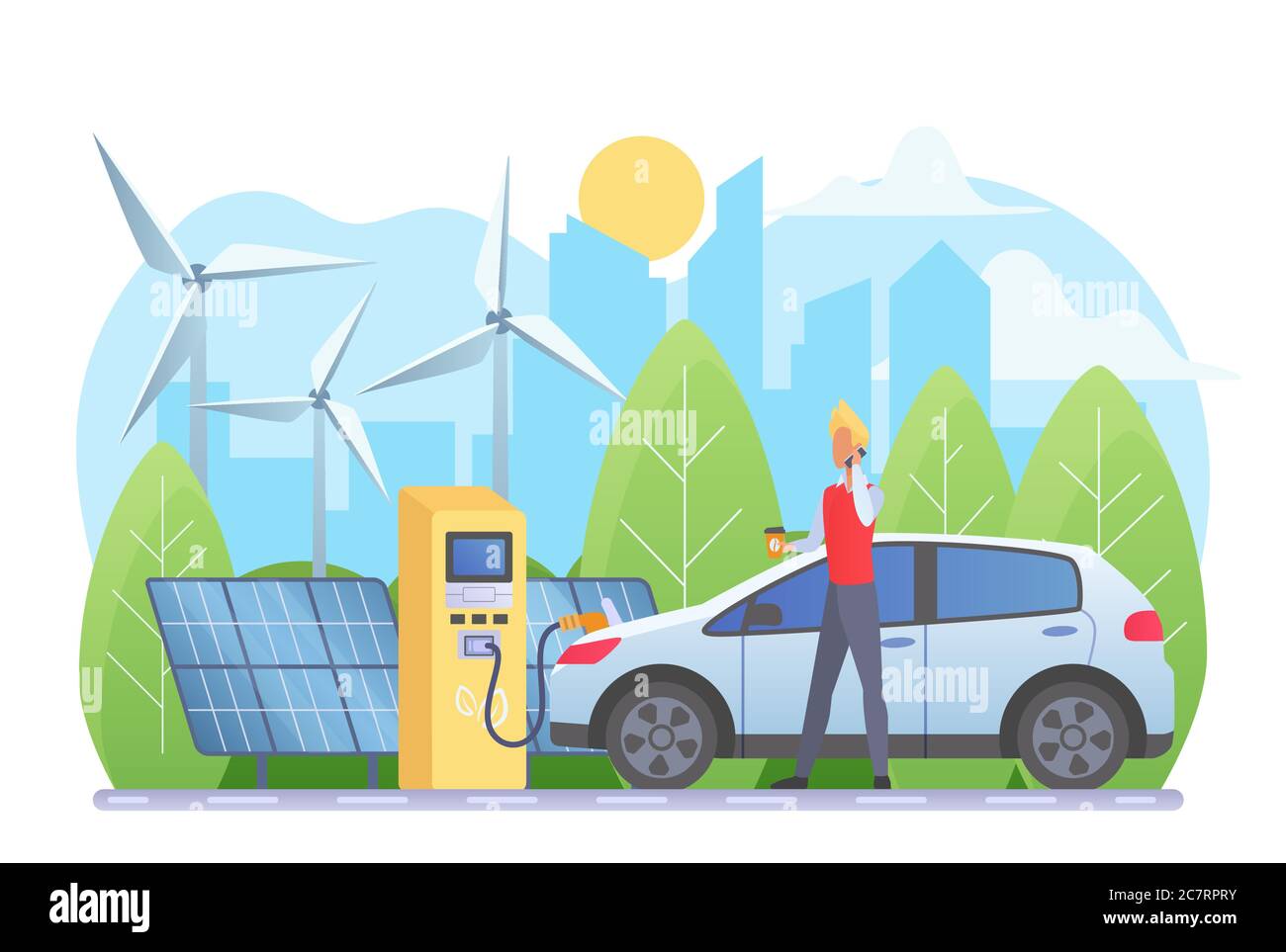 Illustration vectorielle plate des sources d'énergie alternatives. Homme à la station de charge de voiture électrique personnage de dessin animé. Technologie écologique, concept de préservation de l'environnement. Éoliennes et panneaux solaires Illustration de Vecteur