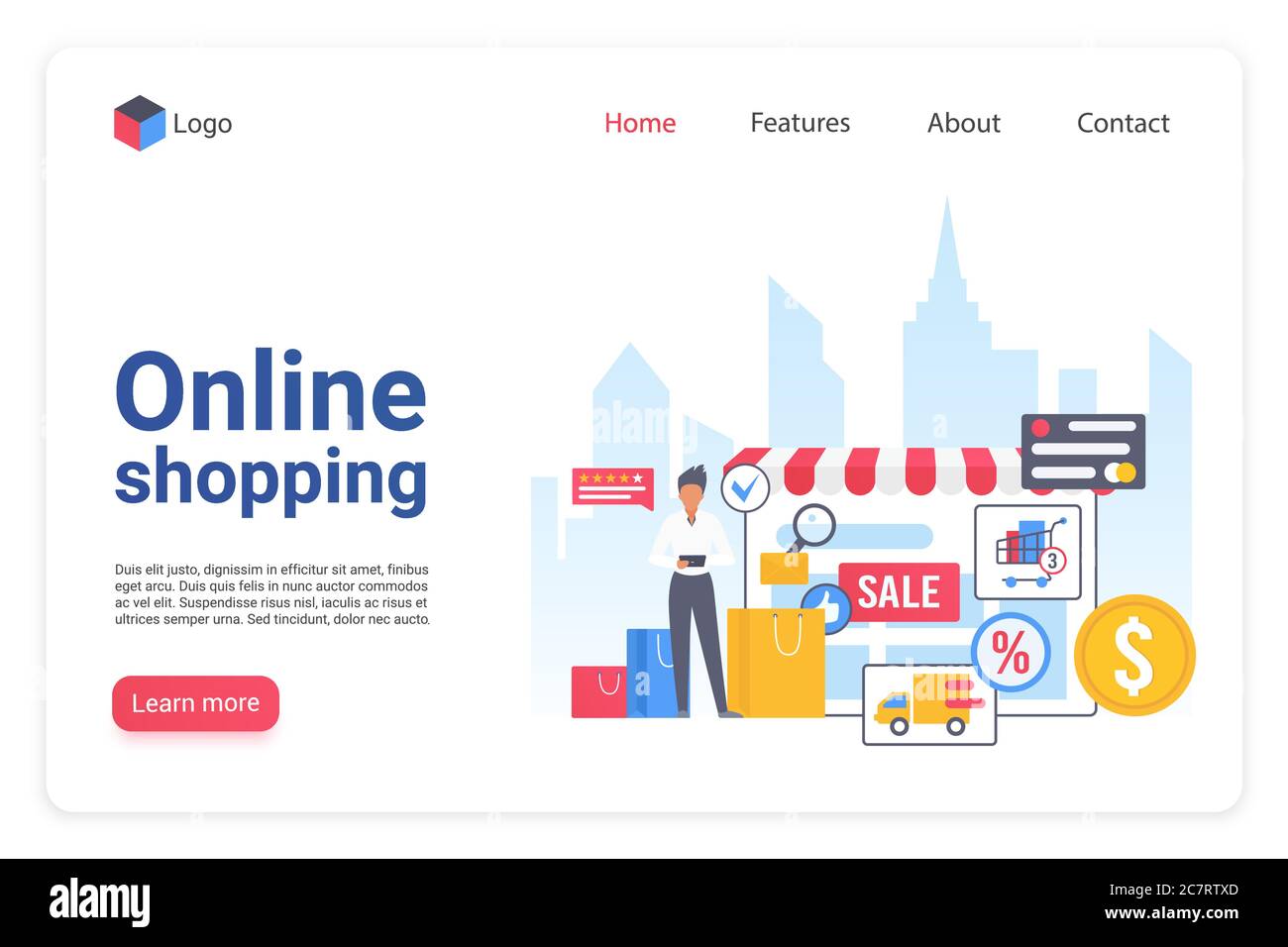 Modèle de vecteur plat de page d'arrivée d'achat Internet. Mise en page de conception de site Web de commerce électronique en ligne. Concept de dessin animé de la page Web de la boutique Internet. Marchandisage au détail. Interface de la boutique en ligne Illustration de Vecteur