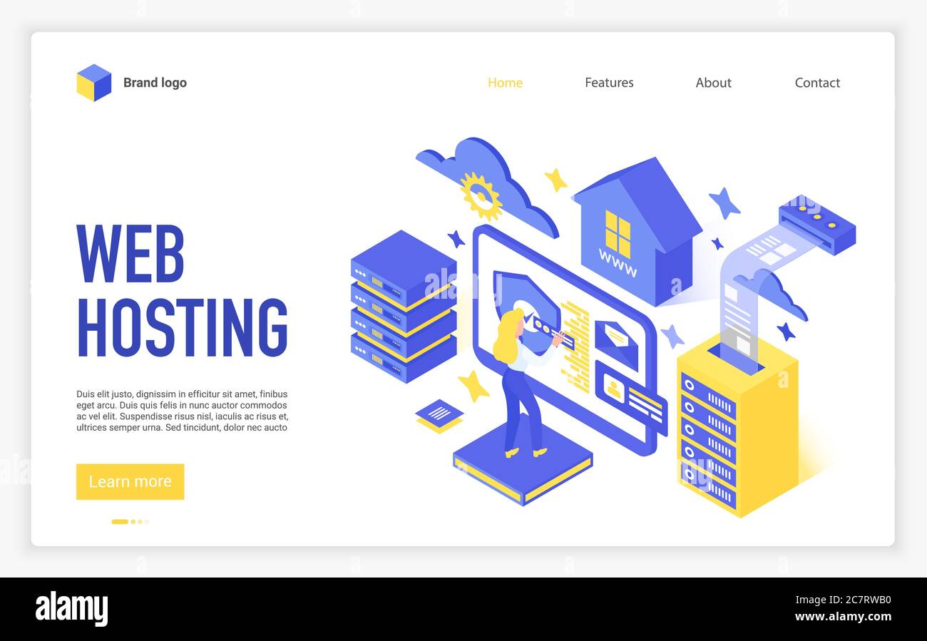 Modèle de vecteur de page de destination d'hébergement Web. Disposition de  l'interface de la page d'accueil du service d'assistance du site Web avec  illustration isométrique. Internet. Concept 3D de la page Web