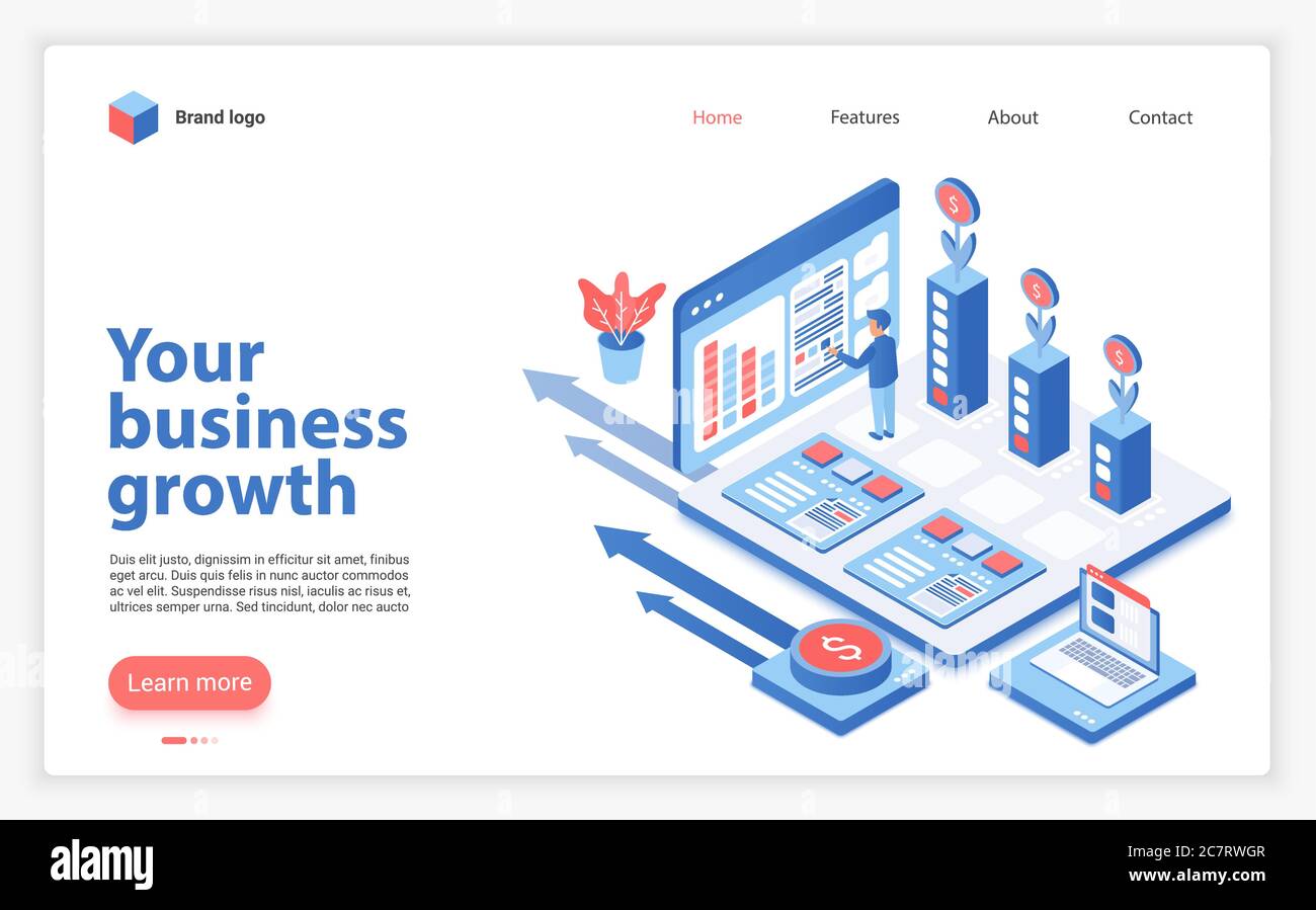 Modèle de vecteur de page d'arrivée de croissance de votre entreprise. Mise en page d'interface réussie de la page d'accueil du site Web d'entrepreneuriat avec illustration isométrique. Bannière Web du programme de support de démarrage, concept 3D de page Web Illustration de Vecteur