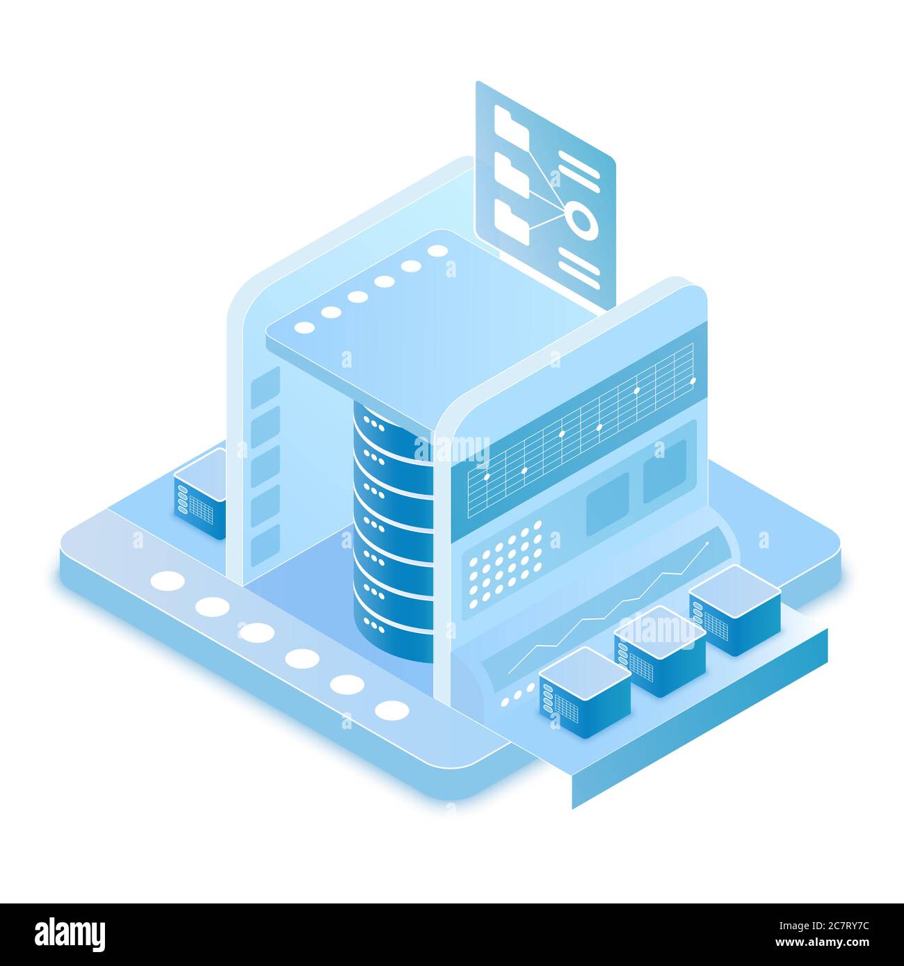 Illustration vectorielle isométrique de la technologie Big Data. Centre de données. Mainframe et technologie de stockage de l'information. Station de travail, domaine. Hébergement et serveur. Elément de conception de dessin animé de base de données Illustration de Vecteur