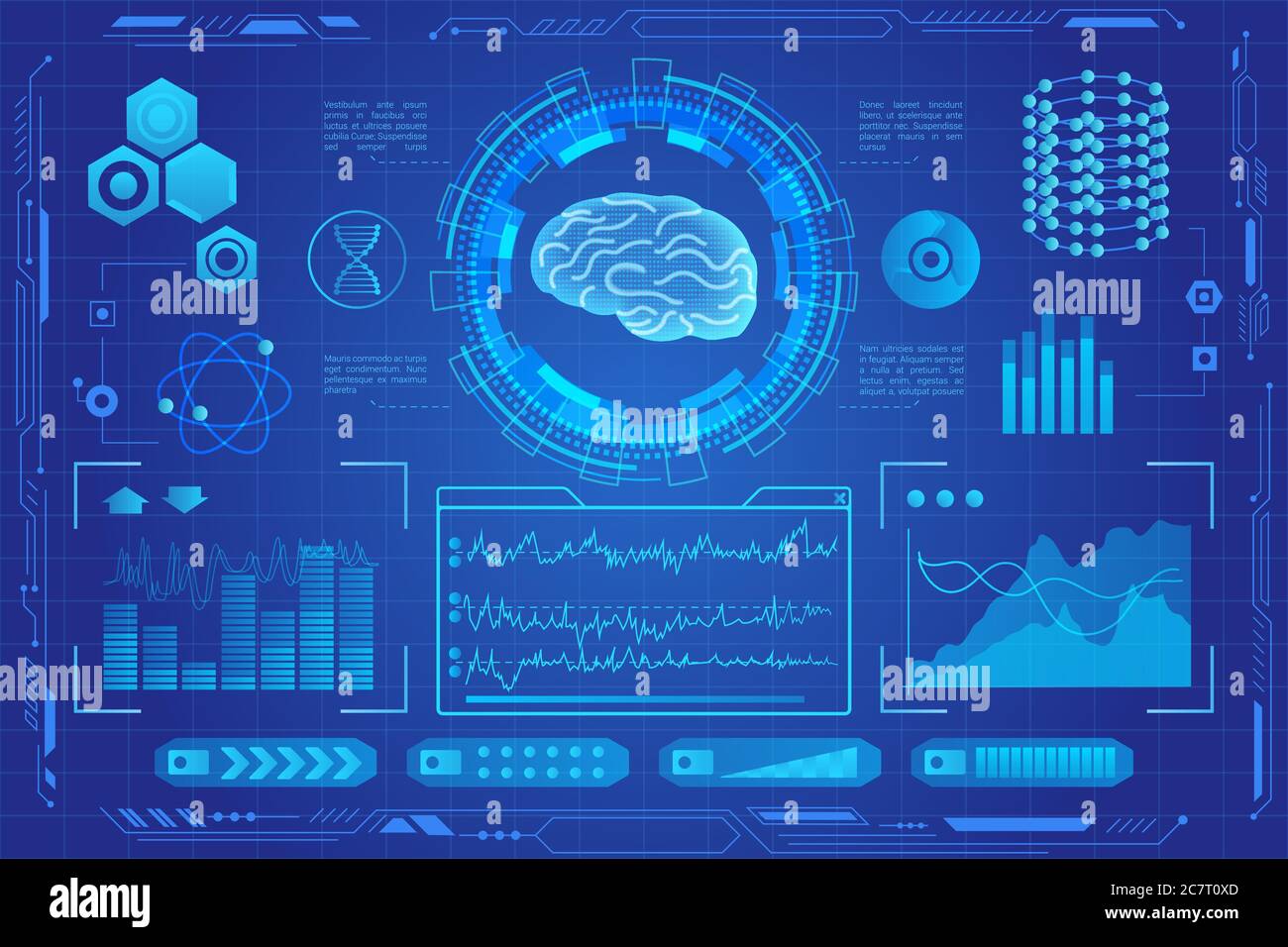 Cerveau humain illustration de vecteur d'hologramme médical futuriste. Interface de réalité virtiale de criblage de modèle cérébral. Diagrammes, graphiques circulaires. vr et ar médecine et les icônes de santé Illustration de Vecteur