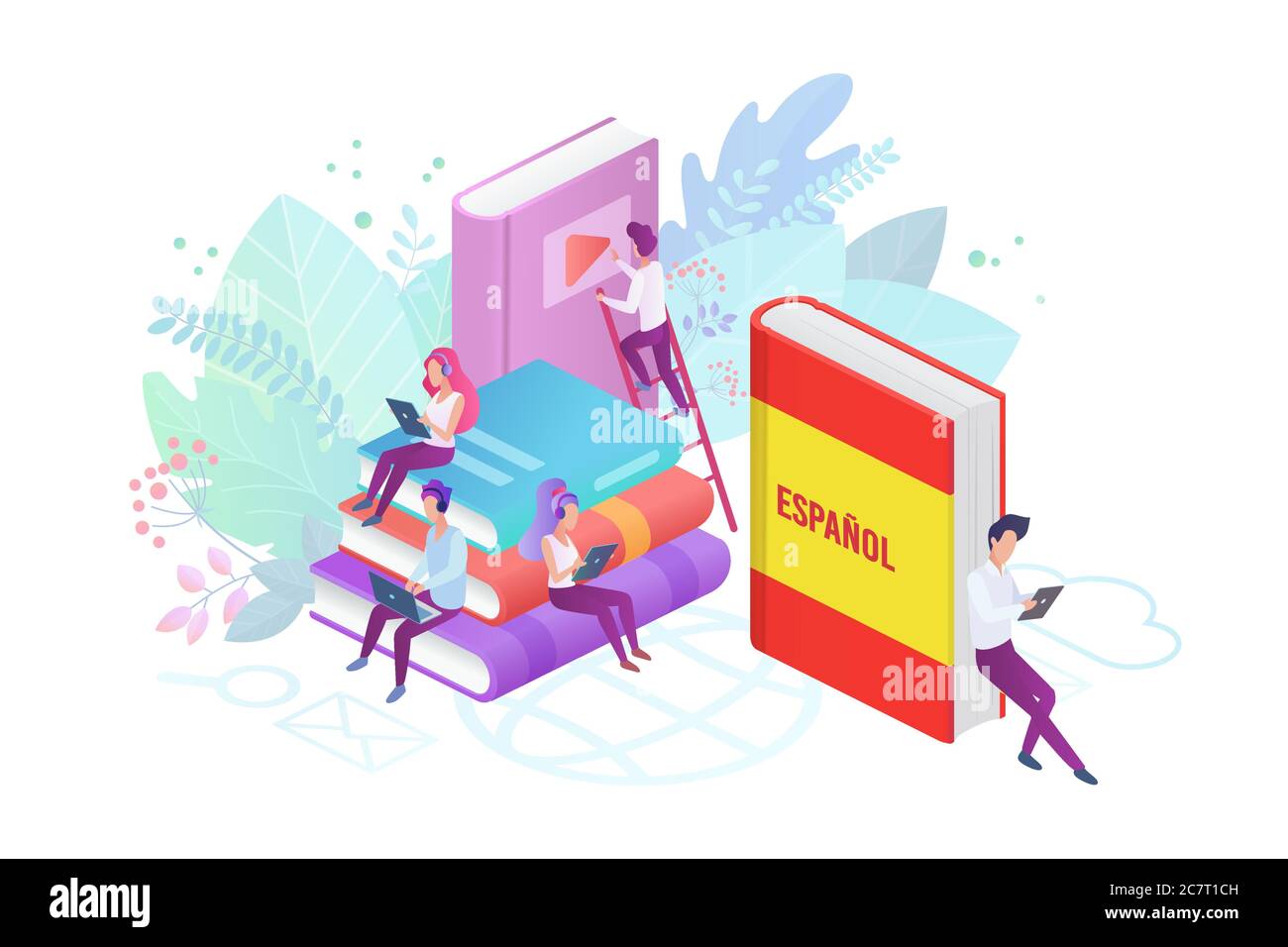 Cours de langue en ligne illustration vectorielle plate. Cours d'espagnol sur Internet, e learning clipart isolé sur fond blanc. Enseignement à distance, enseignement à distance, cours universitaires en Espagne. Illustration de Vecteur