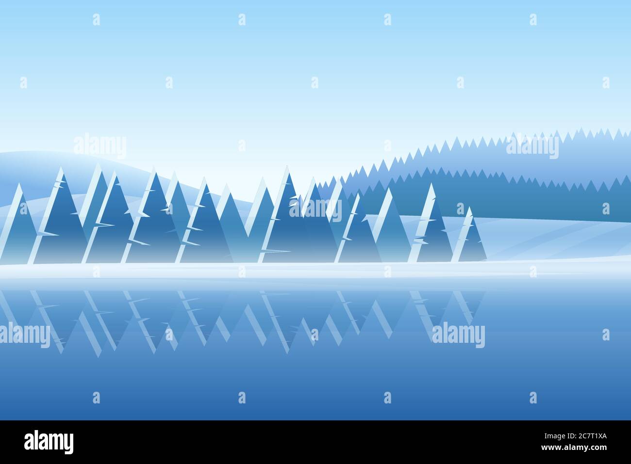 Illustration vectorielle paysage enneigé hiver. Forêt et lac. Paysage vue sur la nature. Spruces bleus sur la rive de la rivière. L'hiver. Motif carte de Noël et nouvel an. Arrière-plan saisonnier Illustration de Vecteur