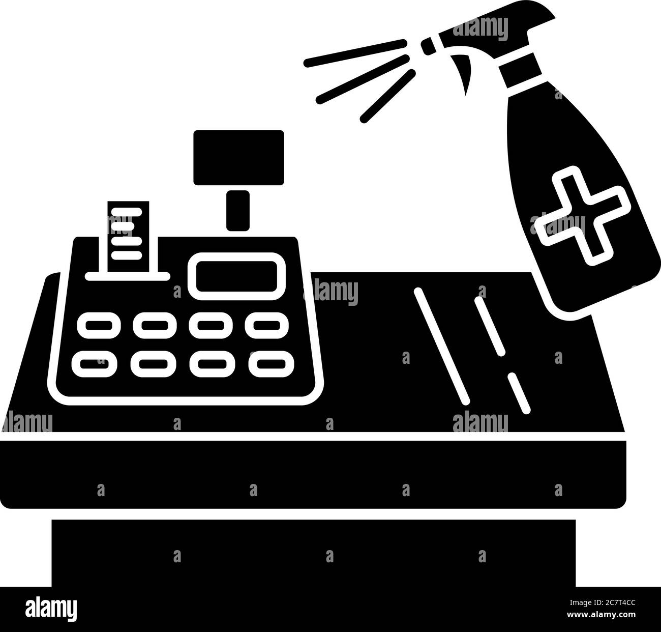 Icône en glyphe noir de désinfection du comptoir d'atelier. Décontamination des lieux publics, symbole de silhouette de nettoyage de surface sur un espace blanc. Caisse enregistreuse et antiba Illustration de Vecteur