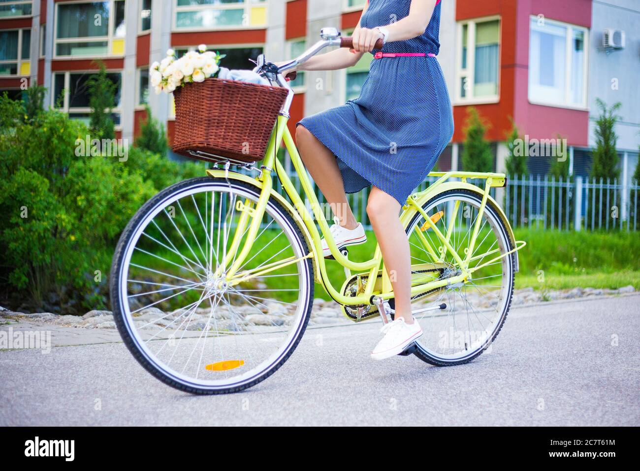femme en robe à vélo vintage avec panier et fleurs Photo Stock - Alamy