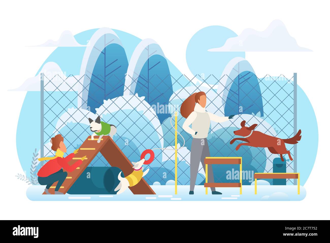 Illustration vectorielle plate pour terrain de jeu pour chiens. Personnages de dessins animés avec chiens. Homme et femme jouant avec des animaux de compagnie dans un parc froid d'hiver. Formation des animaux domestiques. Activités en plein air Illustration de Vecteur