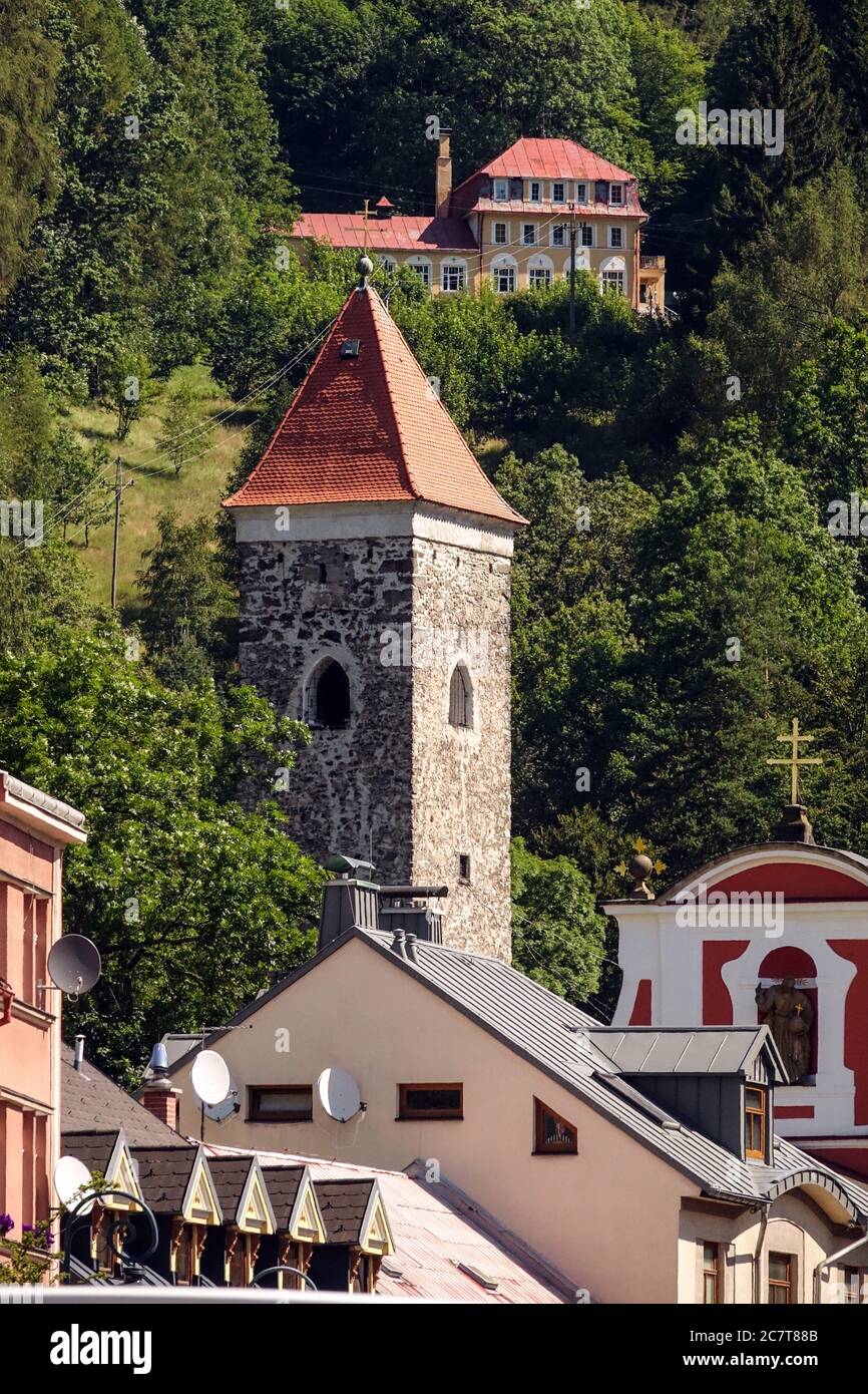 Nejdek République tchèque, tour gothique de l'ancien château Banque D'Images