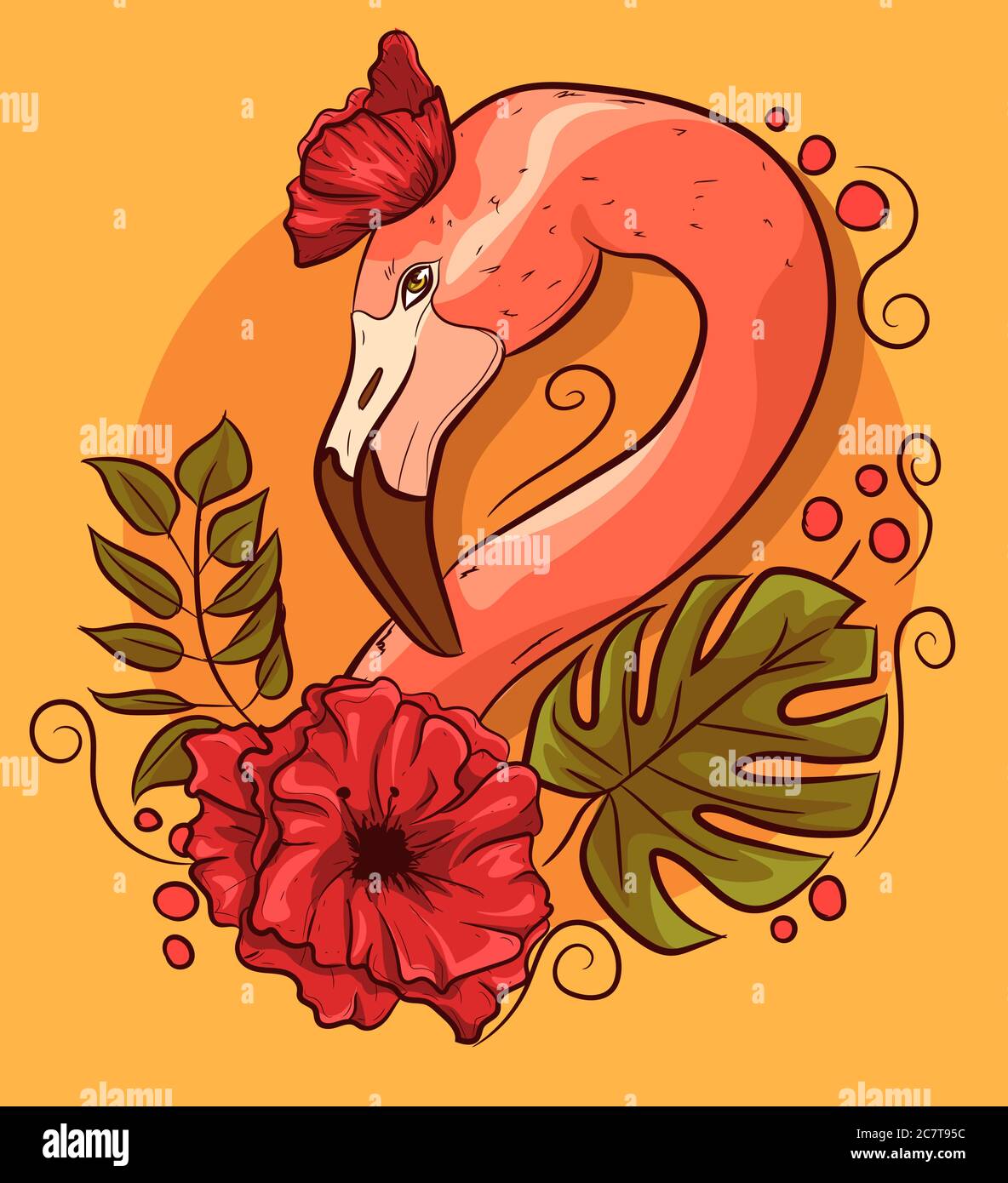 Tête de Flamingo avec des coquelicots et des feuilles de monstère. Oiseau tropical avec fond floral et feuilles de palmier. Illustration de Vecteur Tête de Flamingo avec des coquelicots et des feuilles de monstère. Oiseau tropical avec fond floral et feuilles de palmier. Illustration de Vecteur