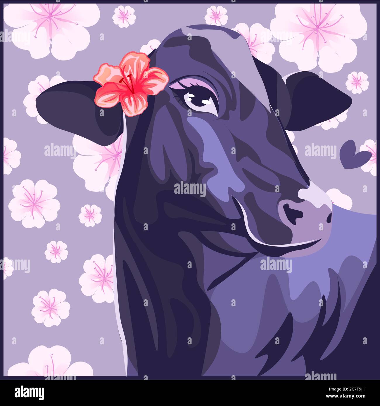 Vache pourpre avec une fleur d'hibiscus sur son oreille. Joli animal de ferme avec de grands yeux sur un fond floral de printemps avec des fleurs en fleur. Illustration de Vecteur
