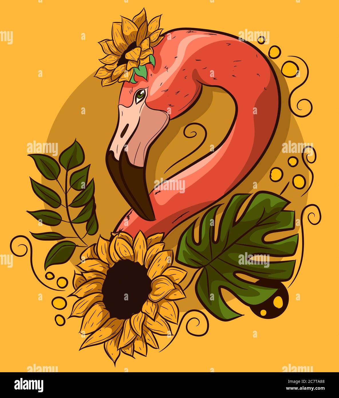 Dessin vectoriel floral avec un col de flamants roses et des fleurs. Oiseau exotique avec des feuilles de palmier monstère et des tournesols jaunes. Illustration de Vecteur