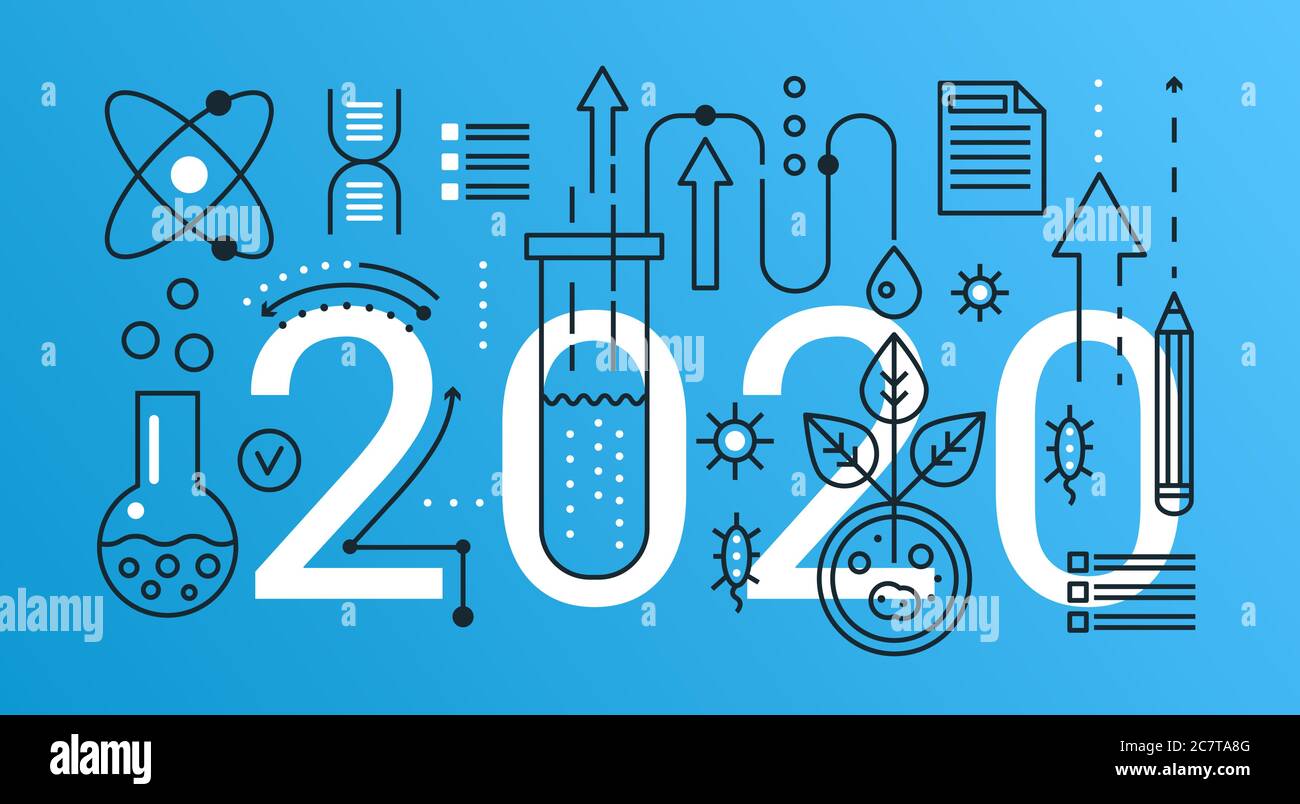 Science illustration vectorielle fine pour la conception d'interface de site Web, abstrait plat 2020 mots avec équipement de recherche ou produits en biotechnologie ou en chimie, concept de recherche moderne scientifique Illustration de Vecteur