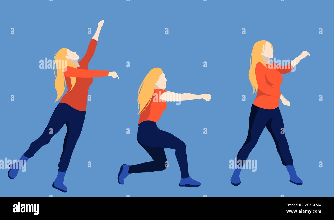 Illustration plate de trois poses, les femmes avec les mains vers le haut et la position de poussée. Illustration de Vecteur