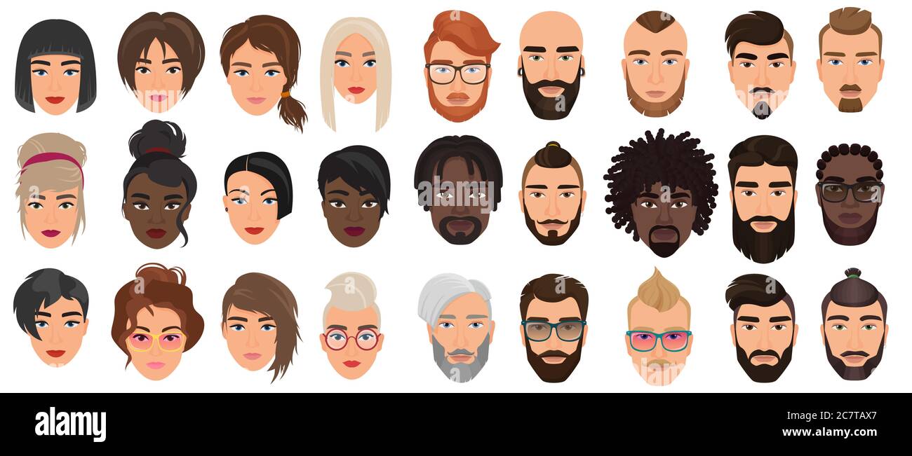 Femme homme personnages, portraits de visage scénario jeu d'illustrations. Caricature plate adultes têtes avec différents visages ou cheveux, nationalité et races, style de coiffure tendance et élégant isolé sur blanc Illustration de Vecteur