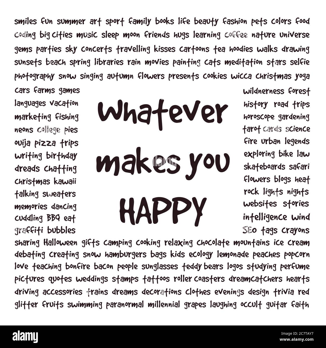 Glossaire illustration carrée. L'art de texte conceptuel sur le bonheur. Liste de mots et de choses qui rendent les gens heureux. Illustration de Vecteur