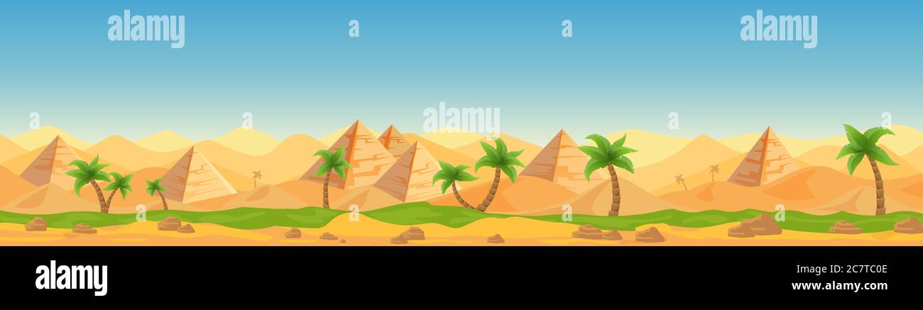 Désert égyptien vue panoramique caricature vecteur illustration paysage, bannière. Panorama de modèle similaire pays touristique afro-asiatique, temps chaud, sable, ciel bleu, dunes, pyramides, palmiers style jeu Illustration de Vecteur