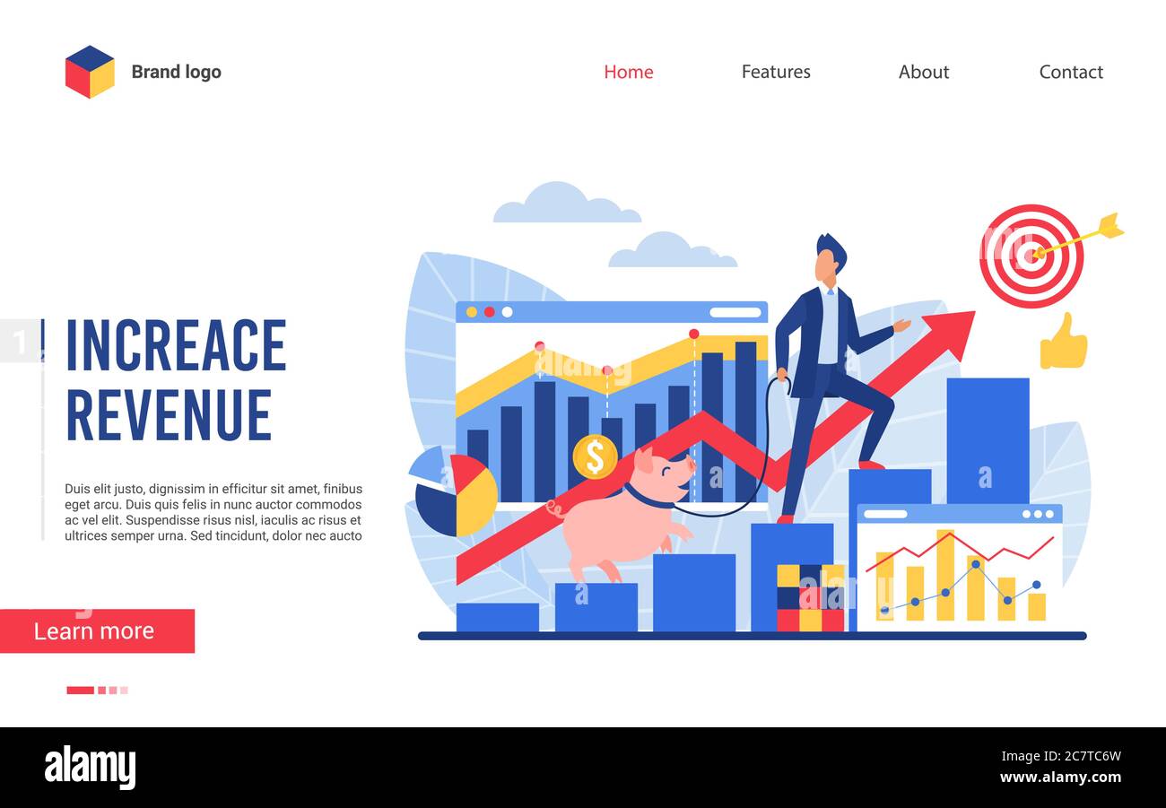 Illustration du vecteur de revenus. Interface conception de site Web, investissement de banque concept avec le personnage de dessin animé d'homme d'affaires plat et de la banque d'argent piggy d'investissement et d'augmentation de capital, de la croissance de richesse Illustration de Vecteur