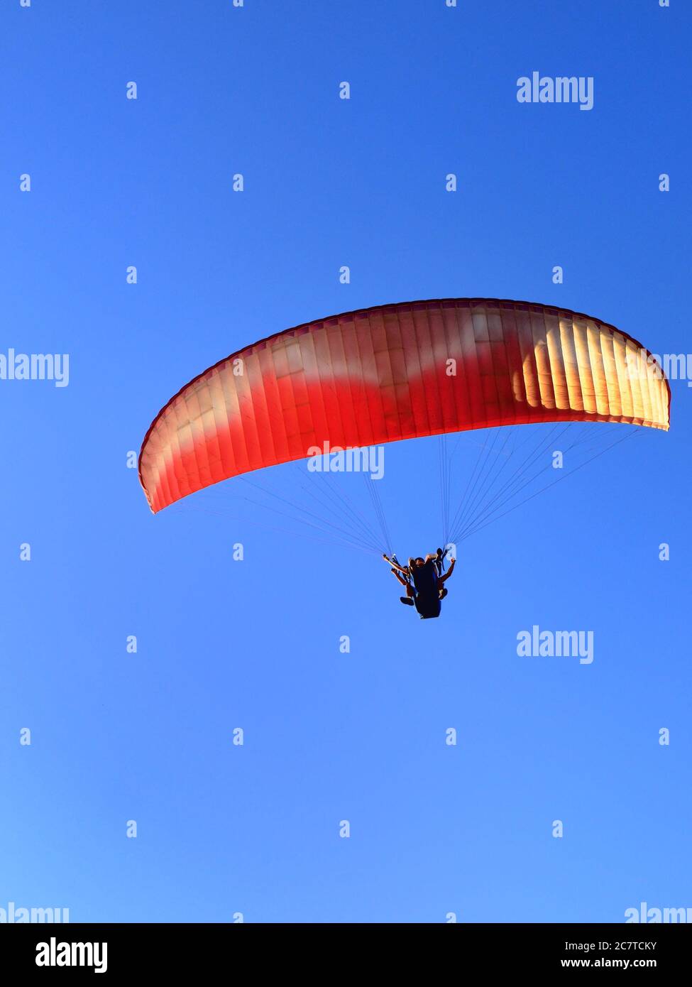 Parapente dans le ciel bleu sous la lumière du soleil Banque D'Images