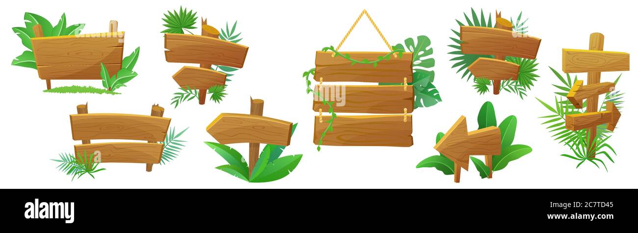 Style jungle exotique flèche en bois, marquet pointeur dessin animé scénario ensemble isolé. Bois naturel suspendu et debout avec plantes tropicales, feuilles vertes et lianes. Illustration de Vecteur
