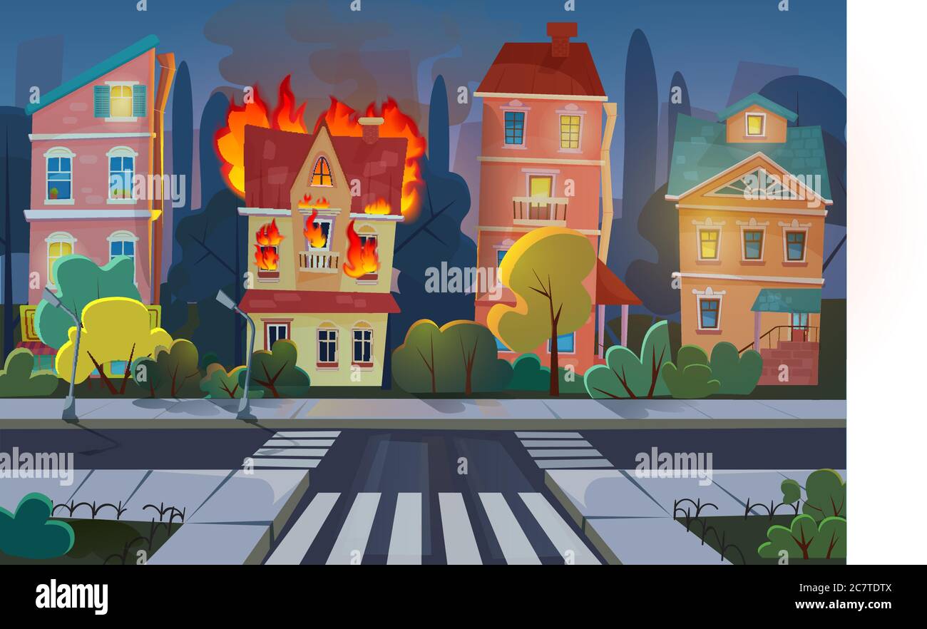 Illustration vectorielle de dessin animé plate de concept de ville à la catastrophe. Nuit ville rue salon maison paysage avec bâtiment en feu avec dommages. Protection contre les flammes, sécurité contre les incendies Illustration de Vecteur