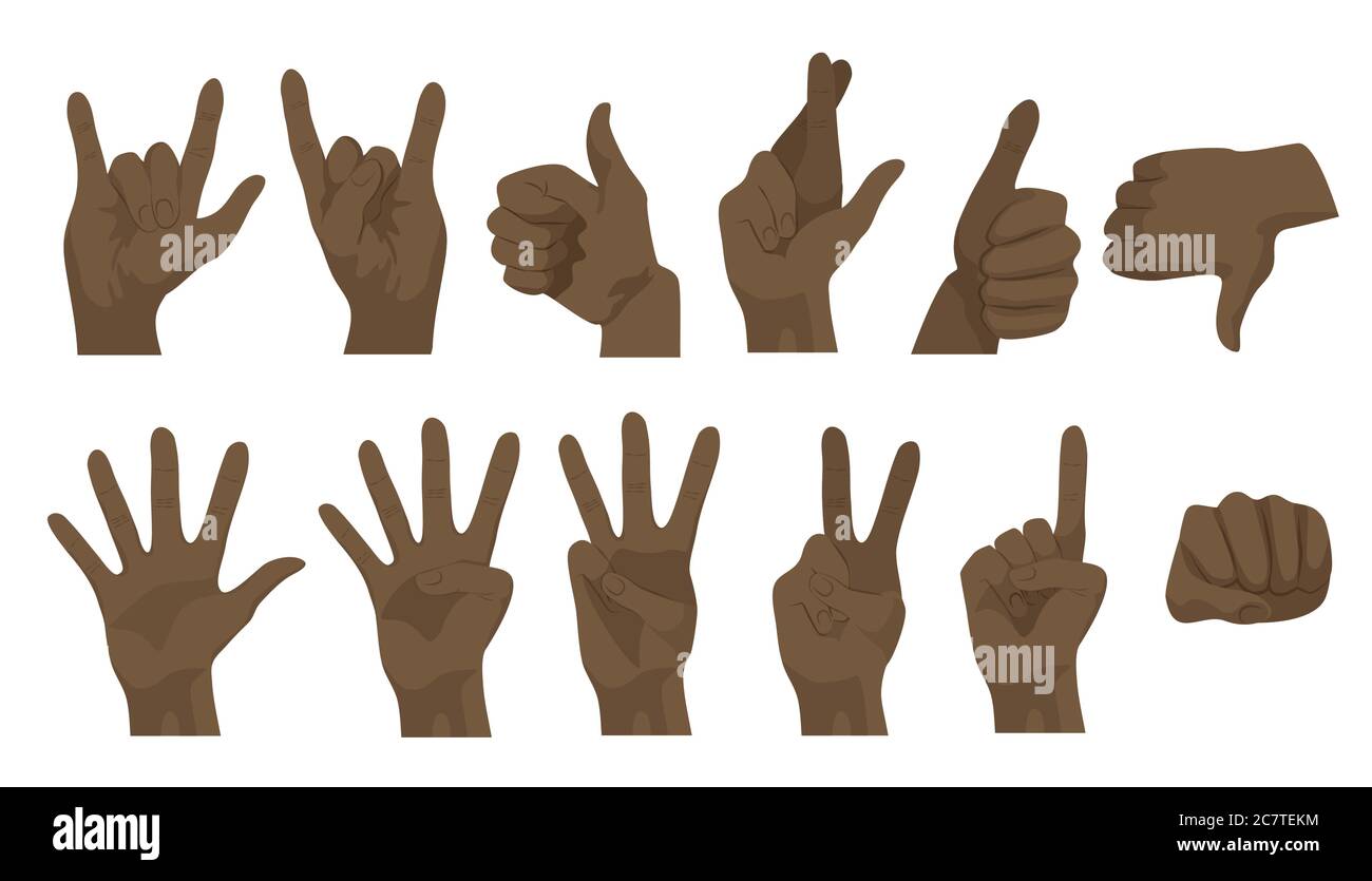 Vector réaliste noir african american mains gestes dans différentes positions. Mains représentant, communication interactive, montrant et pointant Illustration de Vecteur