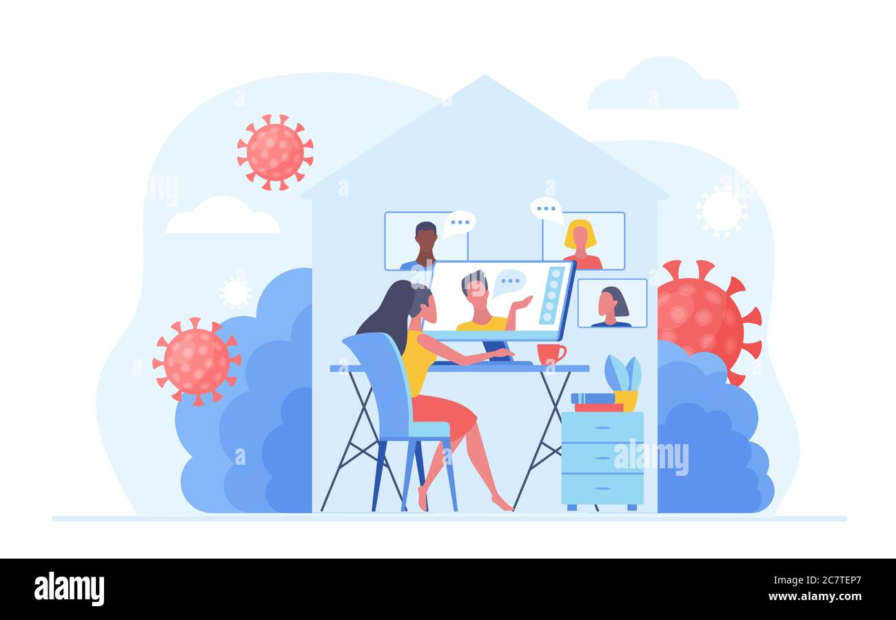 Travailler à la maison pendant la quarantaine du virus COVID-19 pour prévenir une infection virale. Personnes travaillant en ligne, vidéoconférence et chat à domicile. Illustration du vecteur de concept de distance sociale Illustration de Vecteur