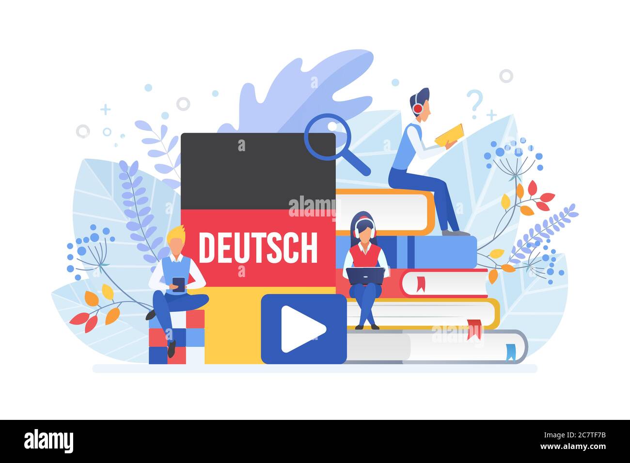 Cours de langue en ligne illustration vectorielle plate. Enseignement à distance, enseignement à distance en allemagne, cours universitaires. Classe Internet de langue allemande, e learning clipart isolé sur fond blanc Illustration de Vecteur