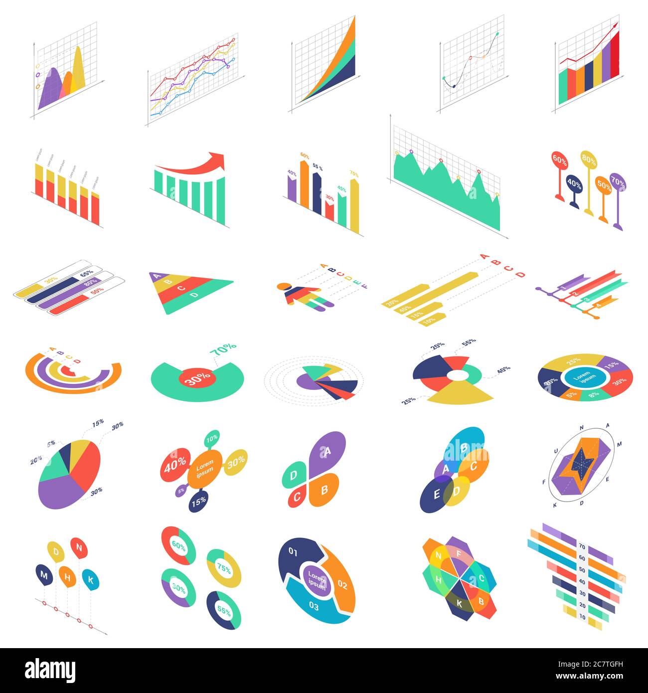 Flat 3d Isométrique éléments graphiques icônes graphiques graphiques ensemble pour la présentation de l'entreprise financière. Diagrammes de statistiques de données illustration vectorielle d'infographies Illustration de Vecteur
